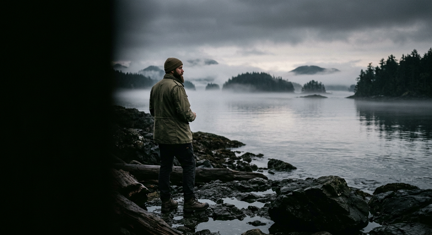 A veteran standing on a rocky shoreline at dawn, looking out over misty water and islands